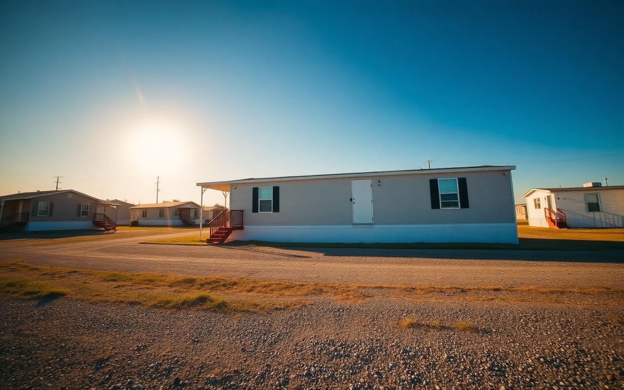Used mobile home on a Houston lot at sunset